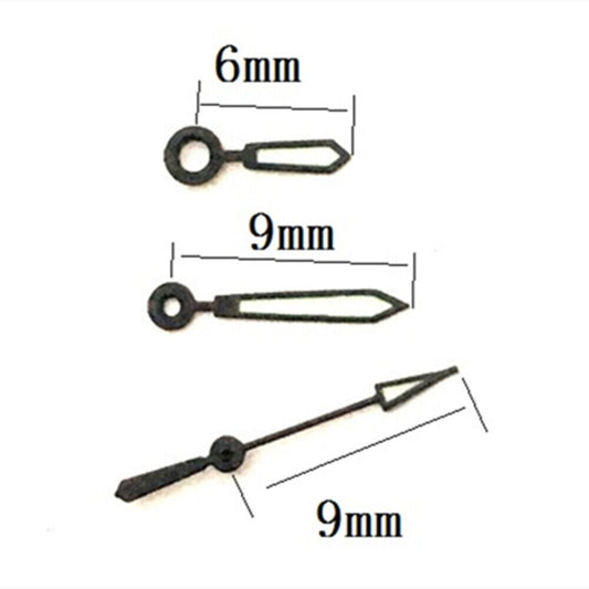 9mm black arrow-shaped watch hands with trim, compatible with Hattori Epson PC32 quartz movement.