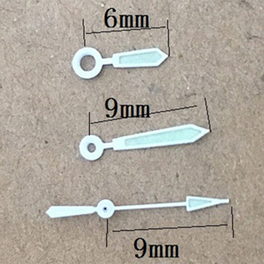 9mm silver trim green lume watch hands for Hattori Epson PC32 quartz movement, precise timekeeping accessory.