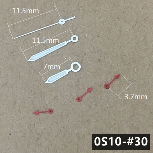 Red second hand with silver trim and green lume for Miyota 0S10 watch movement, precise and luminous.