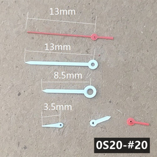 13mm green luminous watch hands with silver trim, compatible with Miyota 0S20 quartz movement, for precise timekeeping.