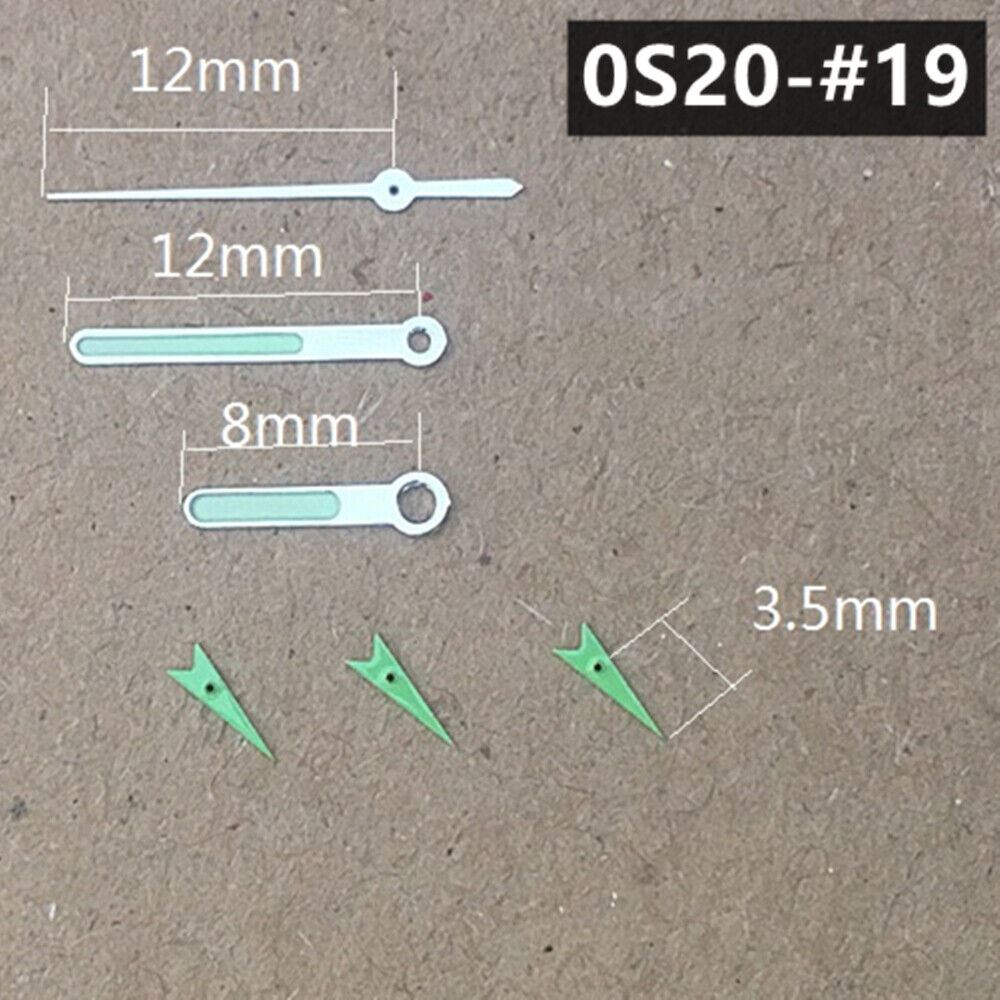 Round tip silver trim green luminous watch hands designed for Miyota 0S20 quartz movement, enhancing visibility and style.