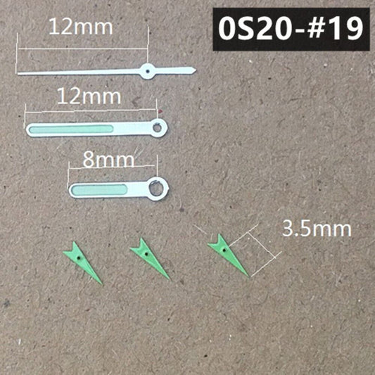 Round tip silver trim green luminous watch hands designed for Miyota 0S20 quartz movement, enhancing visibility and style.
