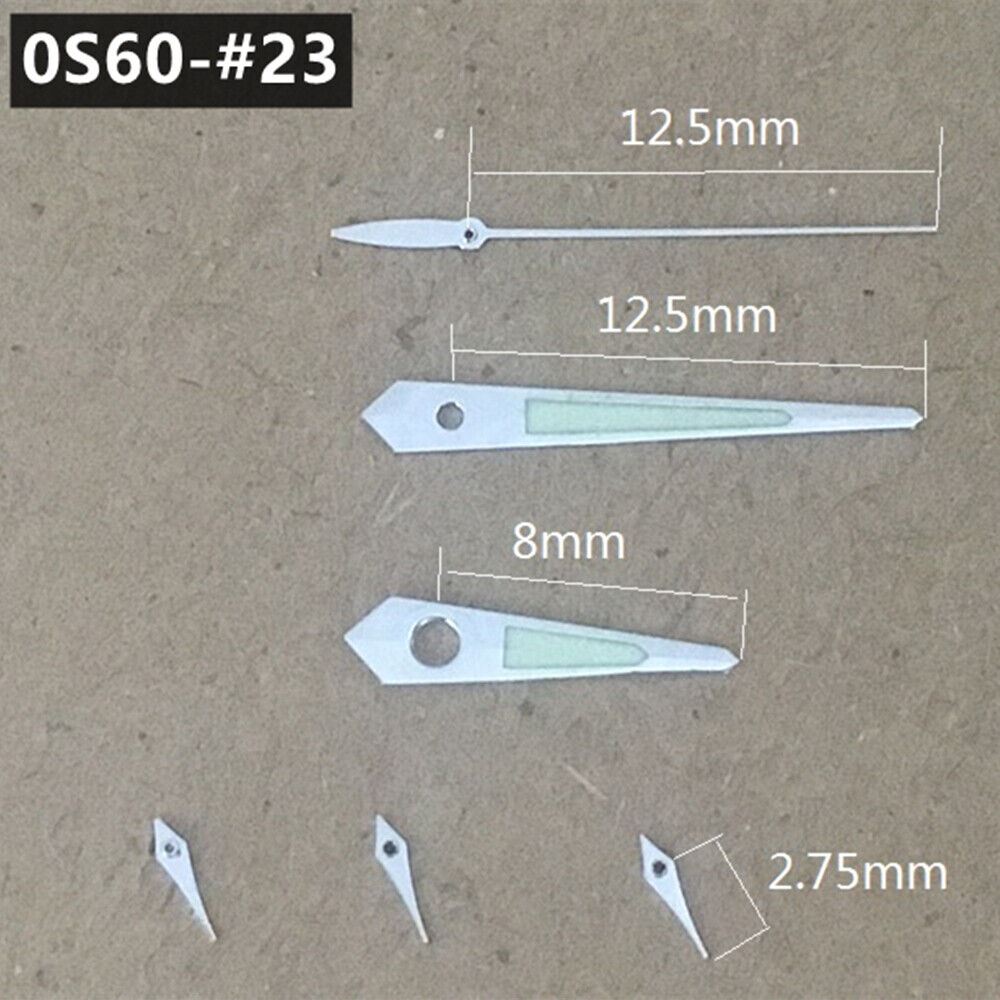 Silver-trimmed 12.5mm green luminous watch hands for Miyota 0S60 movement, precise and vibrant.