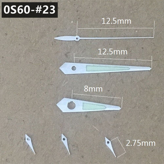 Silver-trimmed 12.5mm green luminous watch hands for Miyota 0S60 movement, precise and vibrant.