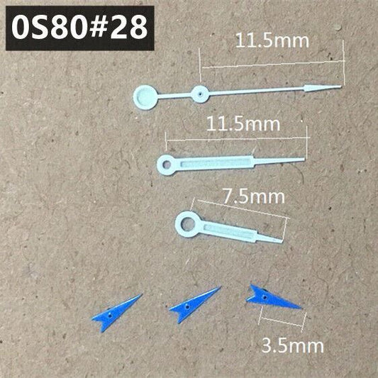 Blue Second watch hand with 11.5mm length, silver trim, green lume, compatible with Miyota 0S80 movement.