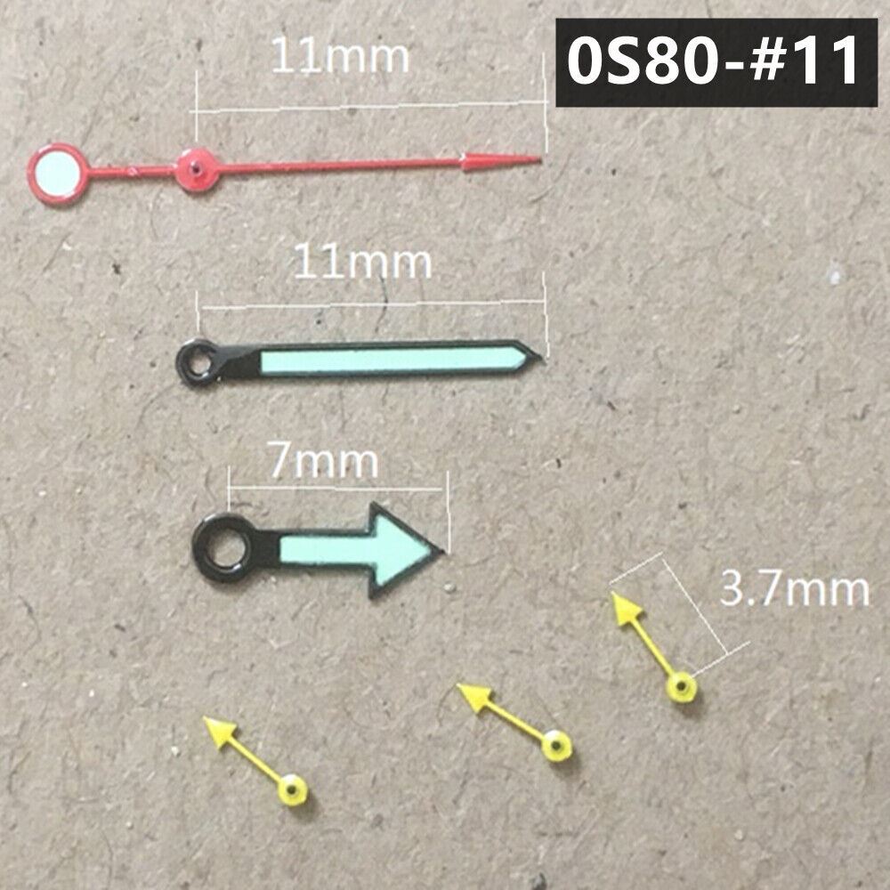 11mm arrow-shaped black trim green luminous watch hands for Miyota 0S80 movement