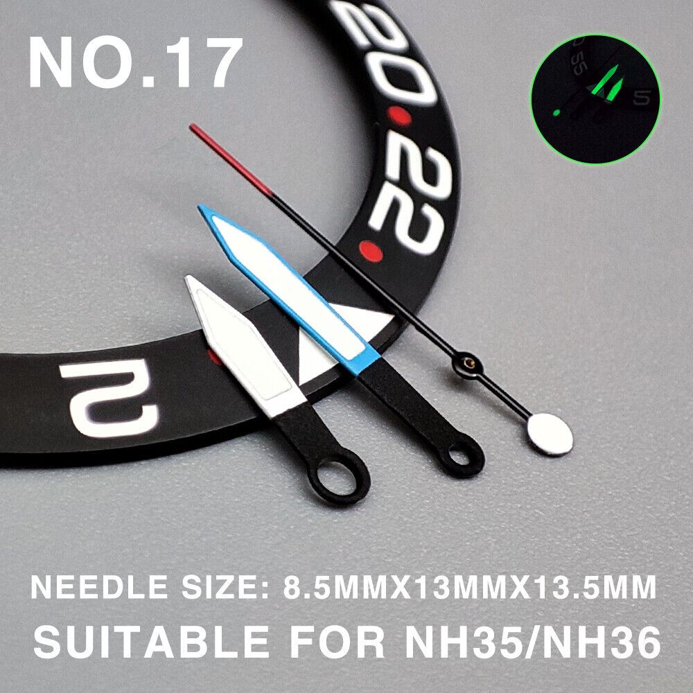 Green luminous watch hands with blue trim, 13.5mm for Miyota NH35/NH36/NH38 movements, precision fit.