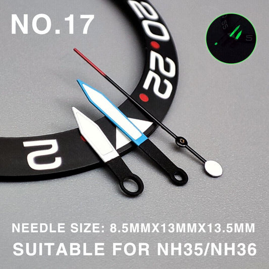 Green luminous watch hands with blue trim, 13.5mm for Miyota NH35/NH36/NH38 movements, precision fit.