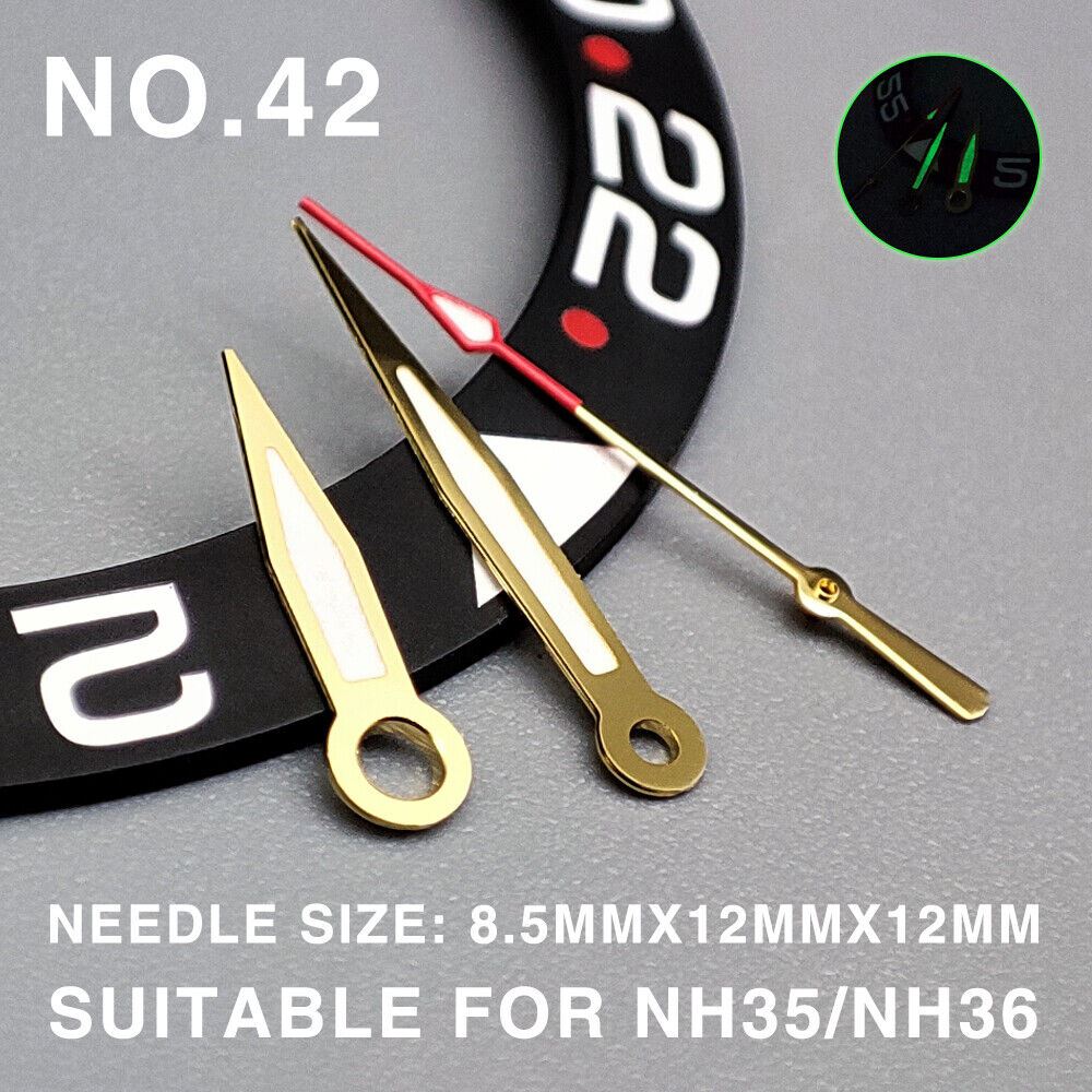 Green luminous pointed golden trim 12mm watch hands for Miyota NH35/NH36/NH38 models.