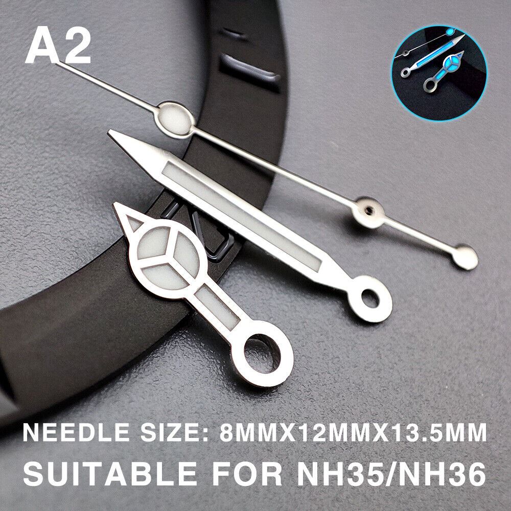 Blue luminous watch hands with silver trim, 13.5mm size, compatible with Miyota NH35/NH36/NH38 movements.