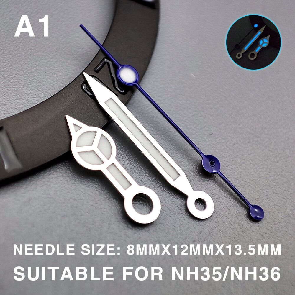 Blue luminous watch hands with silver trim, 13.5mm, for Miyota NH35/NH36/NH38 movements.