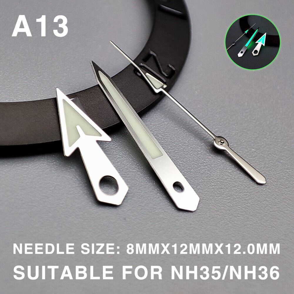 Green lume arrow-shaped silver trim 12mm watch hands for Miyota NH35/NH36/NH38 movements.
