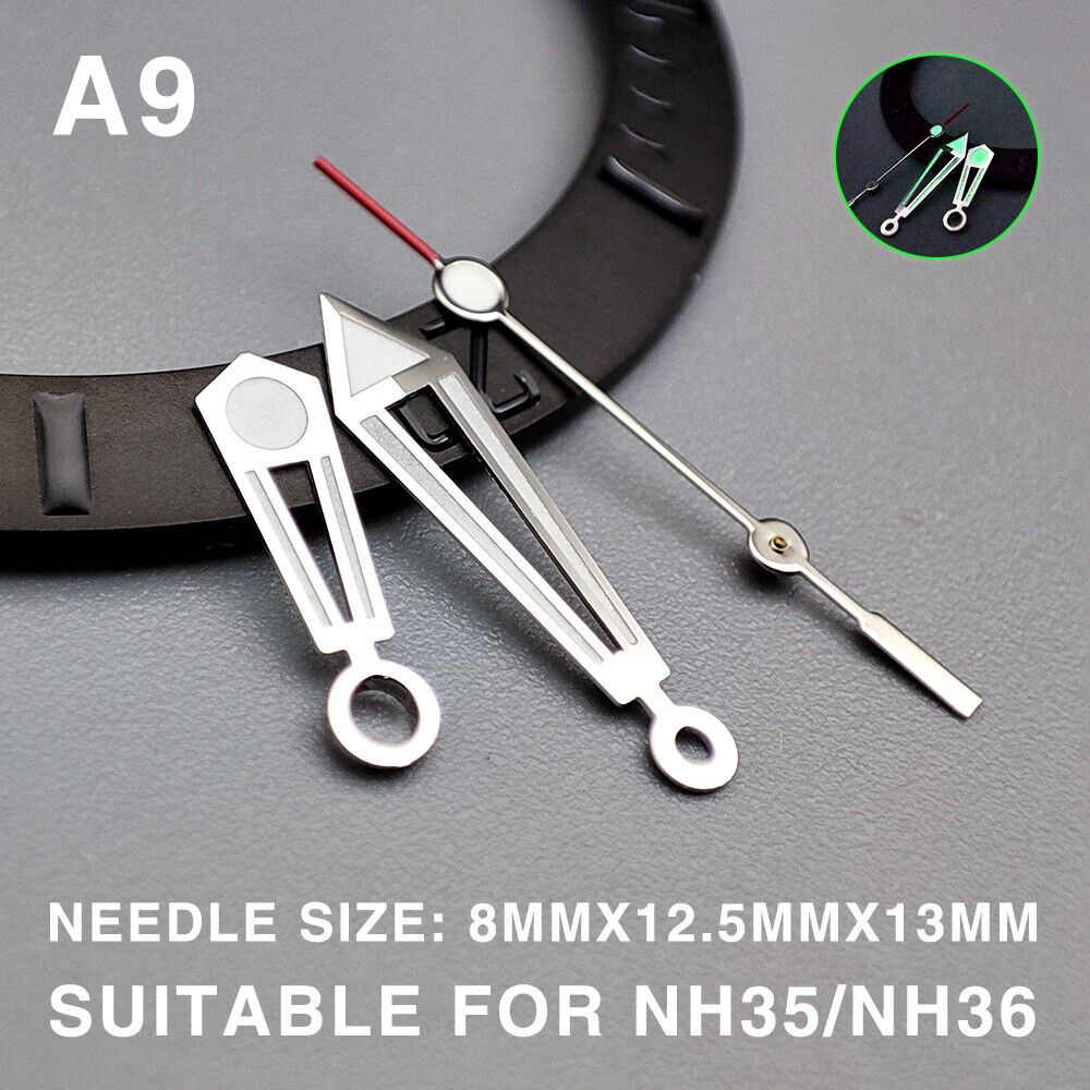 Green lume pointed hollow silver-trimmed 13mm watch hands for Miyota NH35/NH36/NH38.