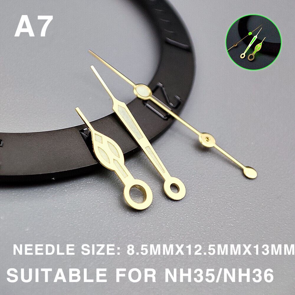 Green luminous golden trim 13mm watch hands, compatible with Miyota NH35/NH36/NH38 movements.
