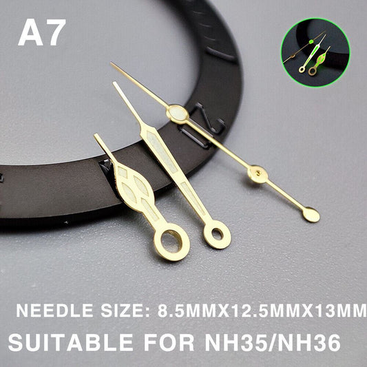 Green luminous golden trim 13mm watch hands, compatible with Miyota NH35/NH36/NH38 movements.
