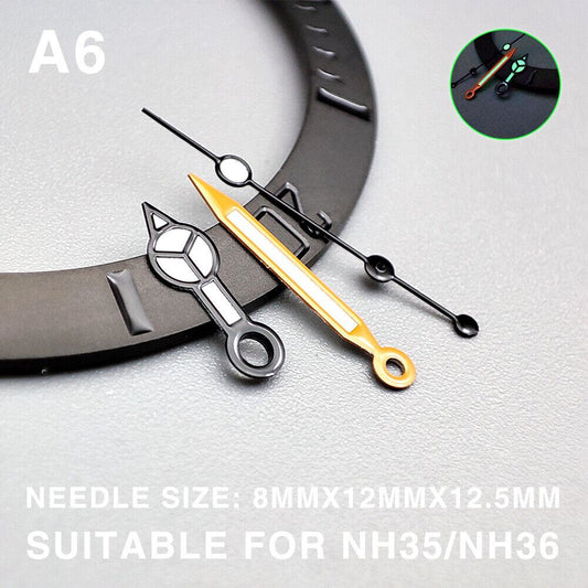 Green luminous watch hands with black trim, 12.5mm for Miyota NH35/NH36/NH38 movements.