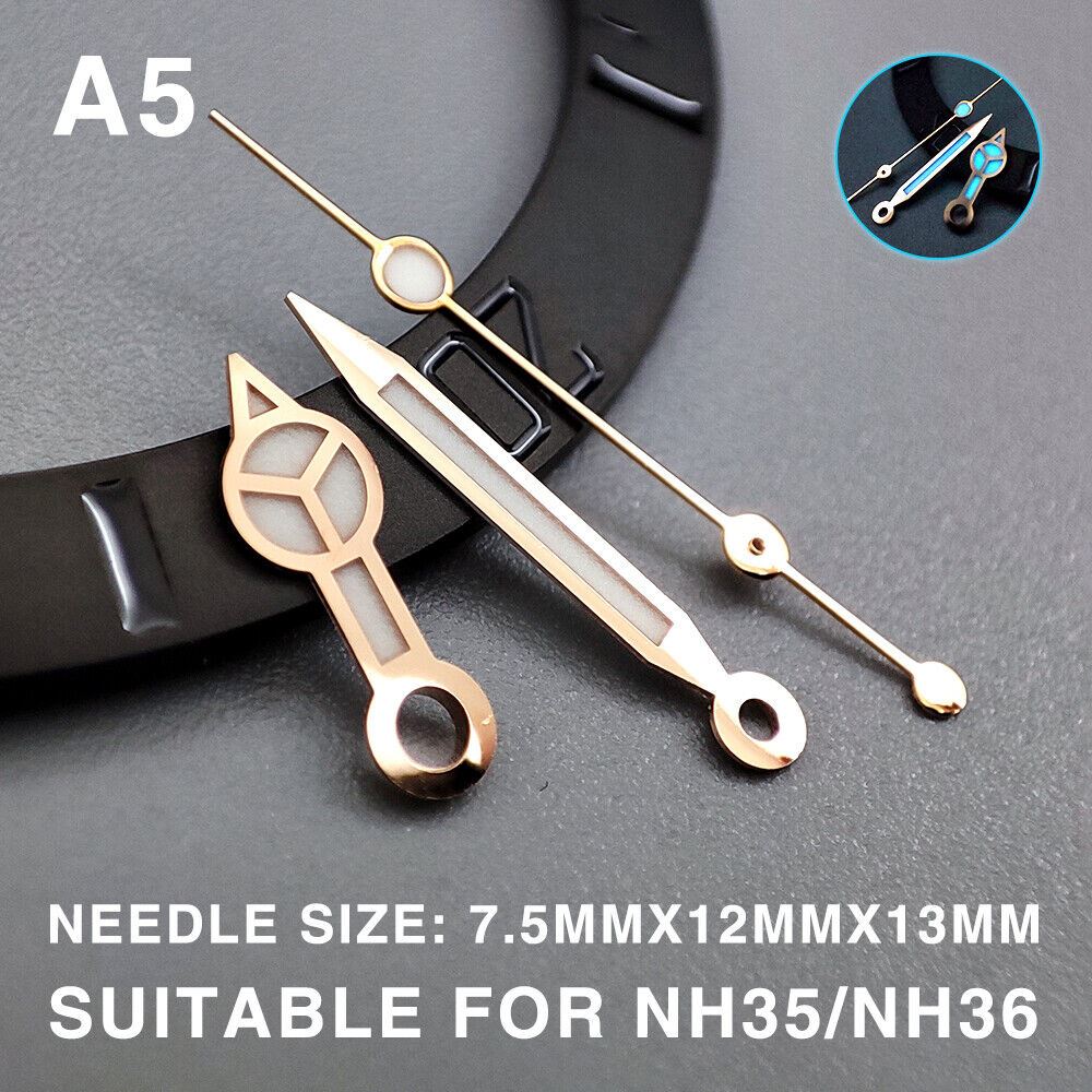 Blue luminous rose gold trimmed 13mm watch hands compatible with Miyota NH35/NH36/NH38 movements.