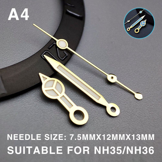 Blue luminous watch hands with golden trim, 13mm for Miyota NH35/NH36/NH38 movements, precision fit.