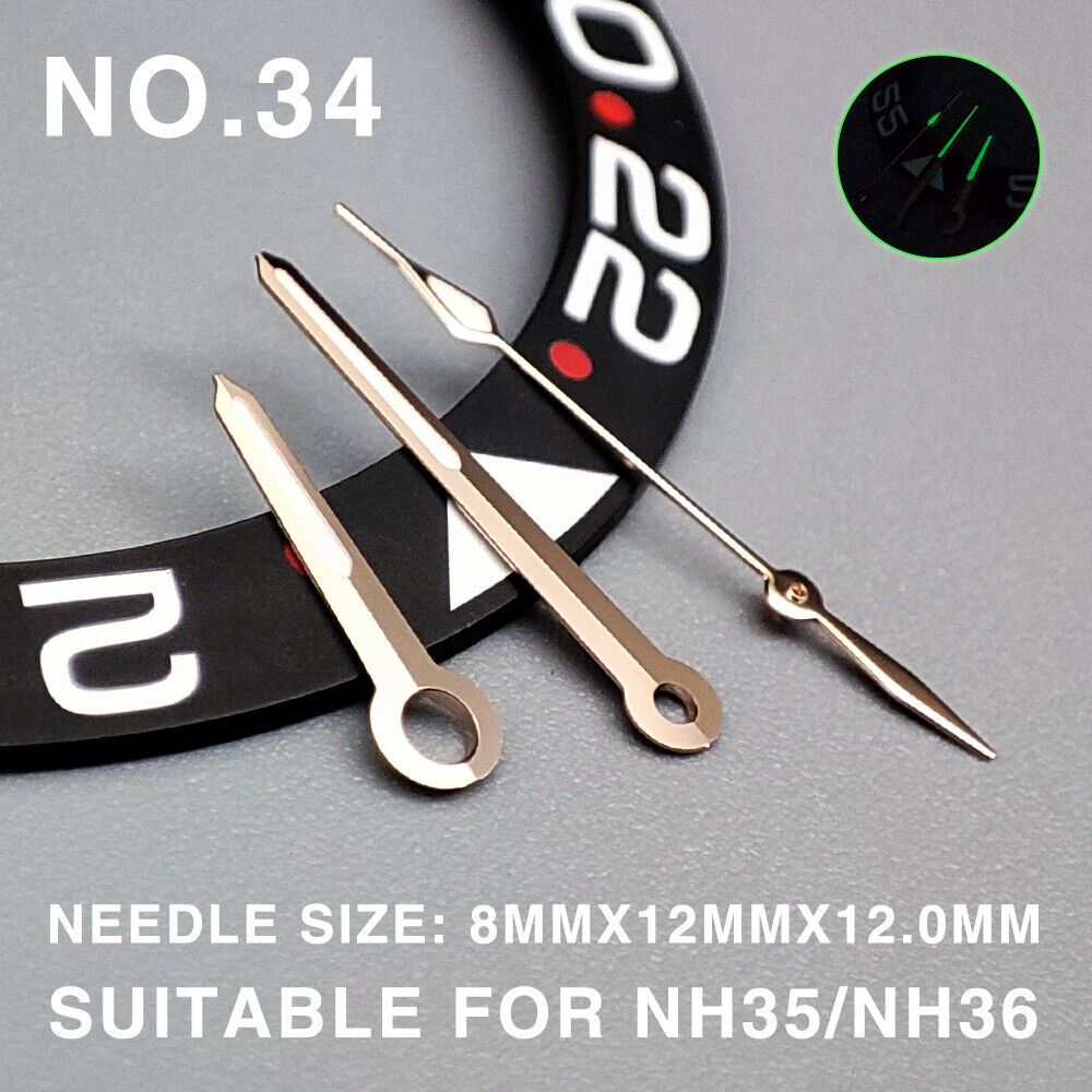 Green lume rose gold watch hands, 12mm size, compatible with Miyota NH35/NH36/NH38 movements, premium trim.