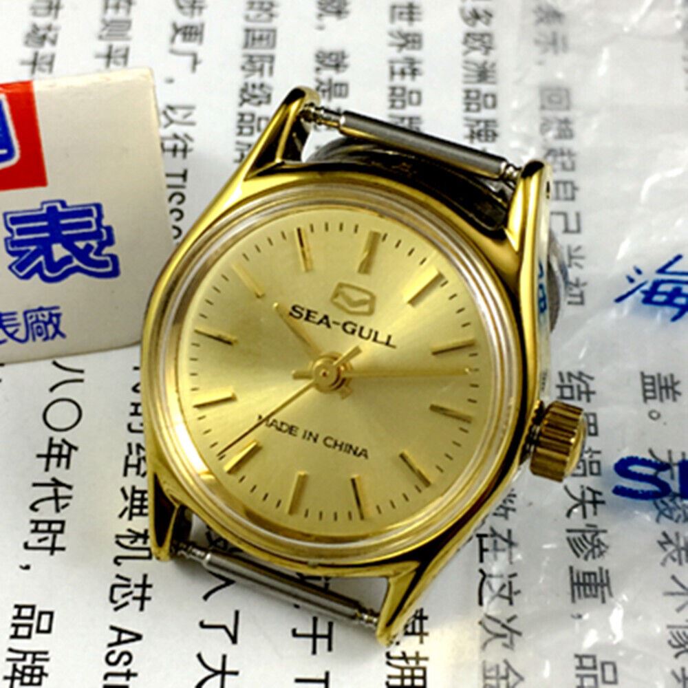 Seagull ladies' manual mechanical watch with golden dial, elegant design by Tianjin Factory for stylish wear.