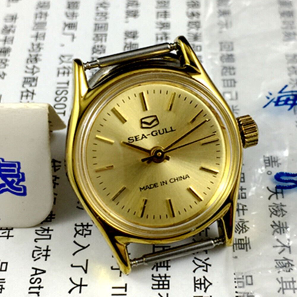 Seagull ladies' manual mechanical watch with golden dial, elegant design by Tianjin Factory for stylish wear.