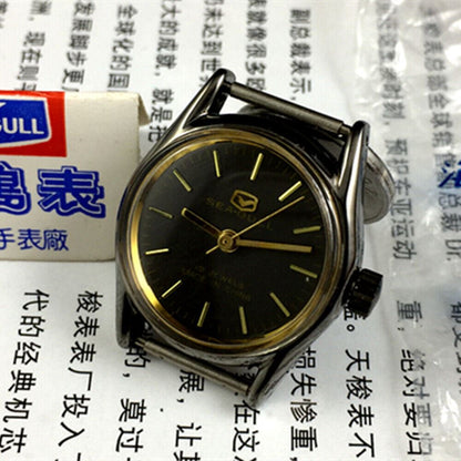 Seagull black dial manual mechanical ladies watch with 19 jewels, elegant precision from Tianjin, China.