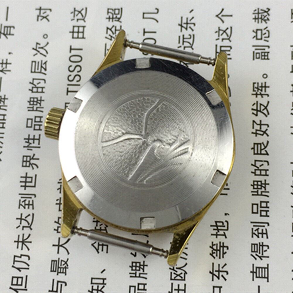 Ladies round gold-tone watch with golden nail markers, manual mechanical movement by Tianjin Seagull, elegant design.
