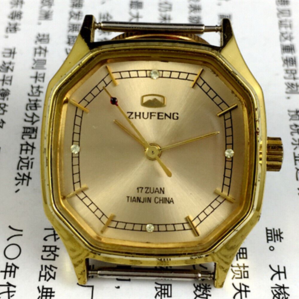 Octagonal golden dial Tianjin Factory manual mechanical watch with leather strap, classic design for collectors