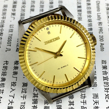 Round golden dial manual mechanical watch by Tianjin Factory, China-made with classic design and precise craftsmanship.