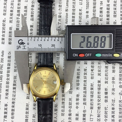 Seagull Lady Watch with golden dial, 19 jewels, manual mechanical movement, elegant Tianjin design.
