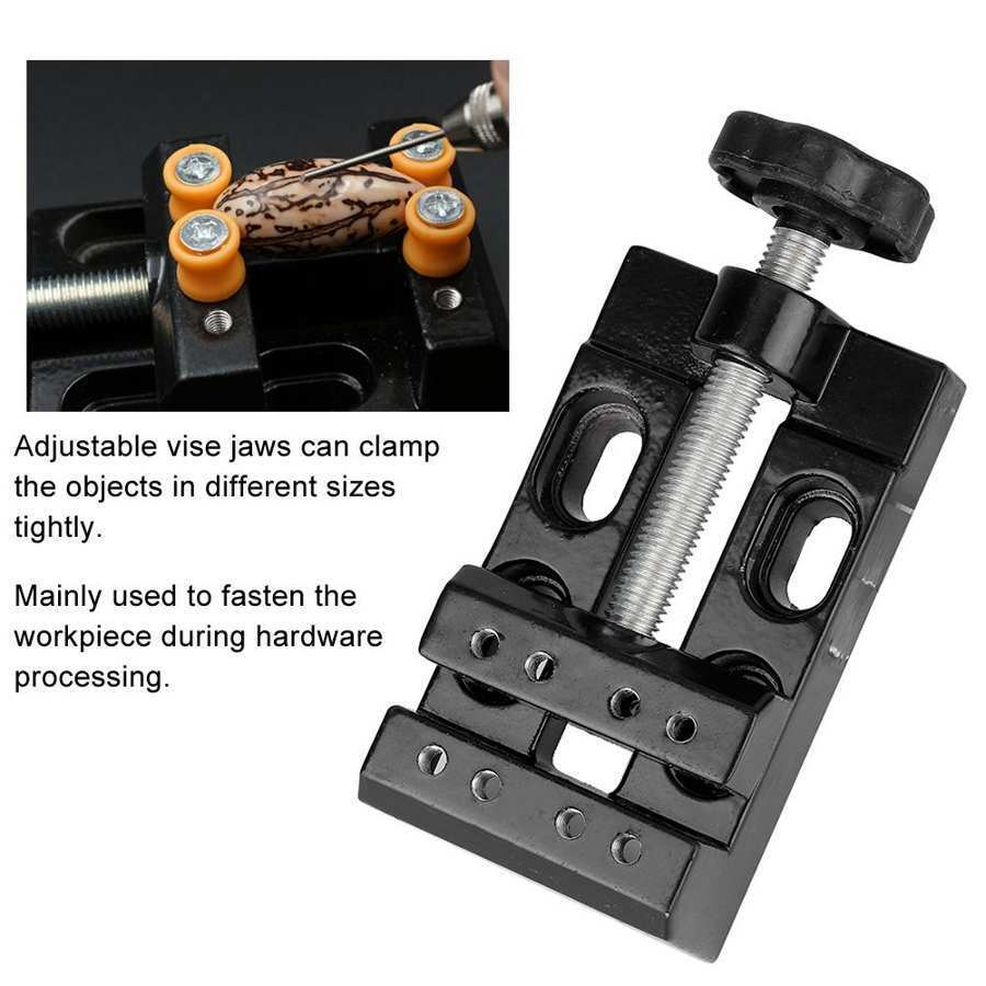 Mini electric drill with flat vice and clip opening table clamp for precise jewelry crafting.