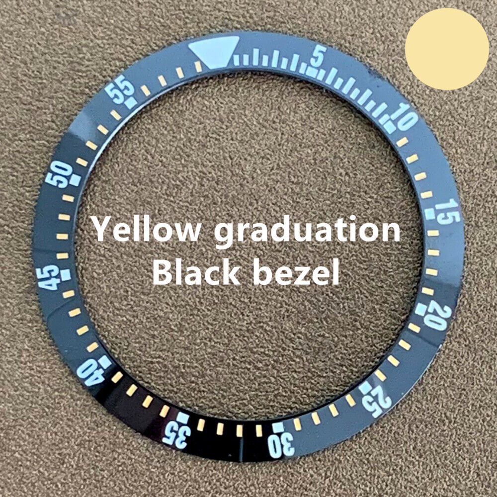 Black ceramic bezel insert with yellow graduation, durable replacement for 38mm/30.5mm watch models.