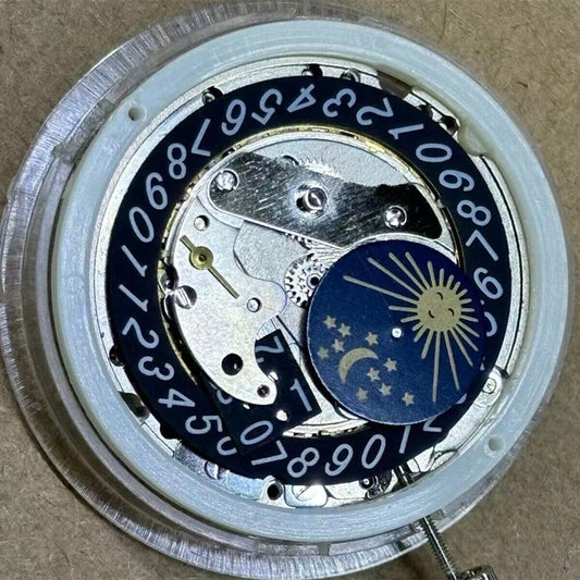 Black dial Tianjin T17 watch with ST17 automatic mechanical movement and moon phase feature.