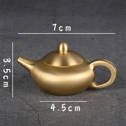 Copper golden teapot figurine, vintage 7cm hand-carved bronze model, elegant watch accessory decor.