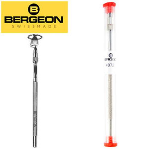 Bergeon 4072 pin vise holding delicate hairsprings, 105mm precision watchmaking tool for repairs.