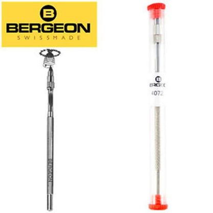 Bergeon 4072 pin vise holding delicate hairsprings, 105mm precision watchmaking tool for repairs.