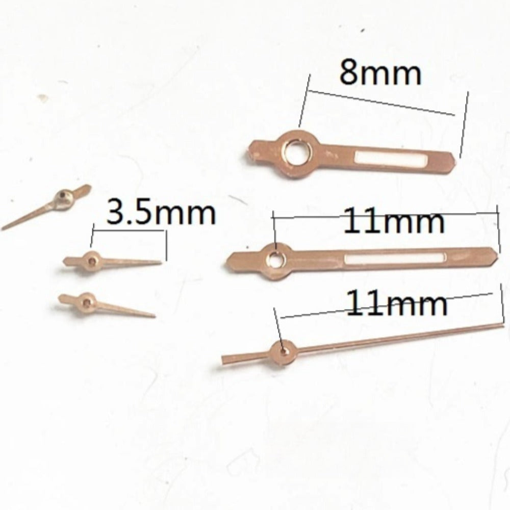 Rose Golden Trim Green Lume Watch Hands for Miyota JS15, 8x11x11mm, luminous timekeeping accessory