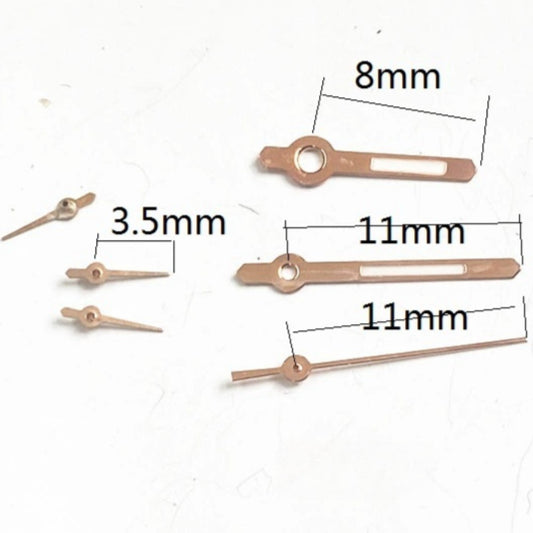 Rose Golden Trim Green Lume Watch Hands for Miyota JS15, 8x11x11mm, luminous timekeeping accessory