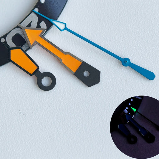 Dark grey trim watch hands with orange and blue paint, green lume for NH35/36 movement.