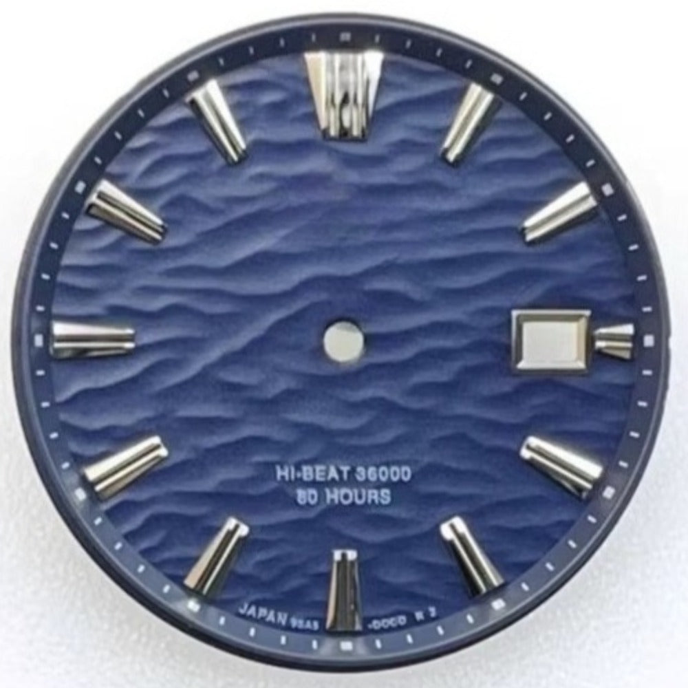 Dark blue waved GS Modified 33.5mm watch dial, compatible with NH35 movement for watch customization.