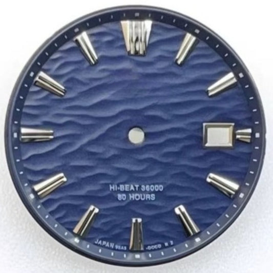 Dark blue waved GS Modified 33.5mm watch dial, compatible with NH35 movement for watch customization.
