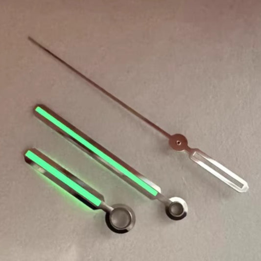 Silver watch hands with Super Green lume, designed for AP Royal Oak 3120 movement, high precision fit.