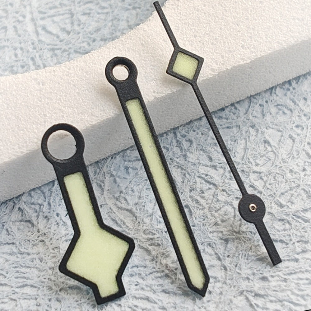 Snowflake black trim vintage watch hands with green lume for NH34 NH35 NH36 NH38 movements.
