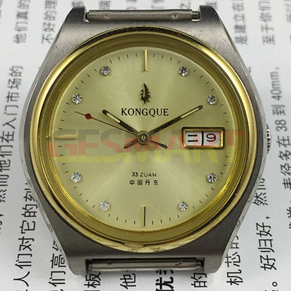 38mm China Made automatic watch with 17 jewels, double calendar, and golden dial.