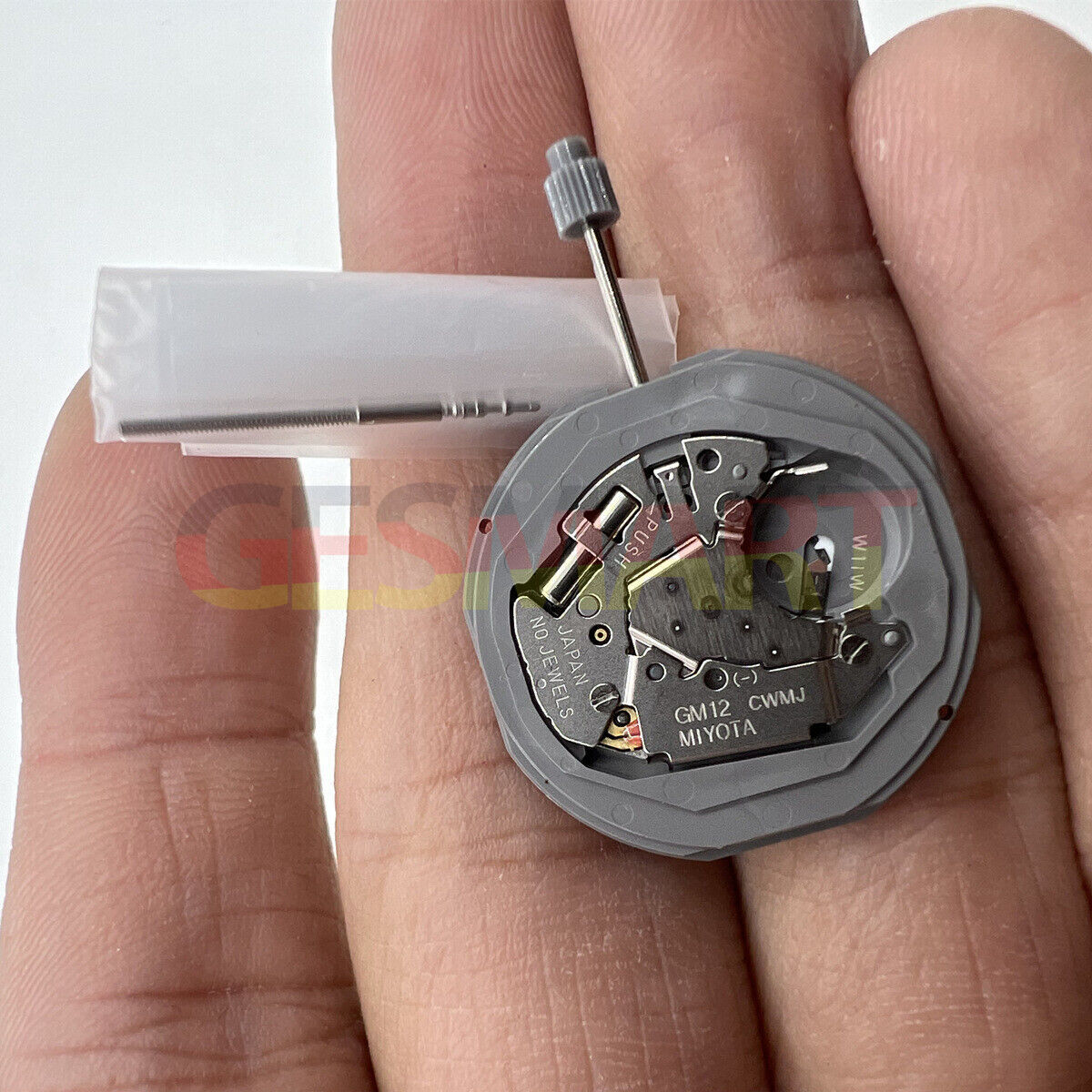 Miyota GM12 Japan quartz movement showing date display at 3 o'clock, precise watch component by Miyota.