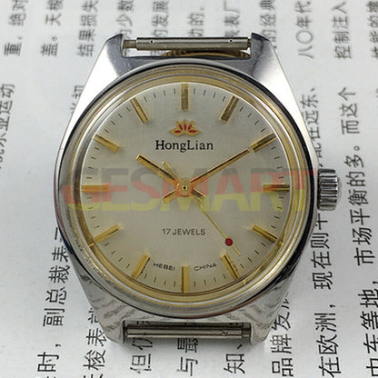 HONGLIAN 32mm manual watch with 17 jewels, golden nail markers, and stylish grey dial for classic elegance.