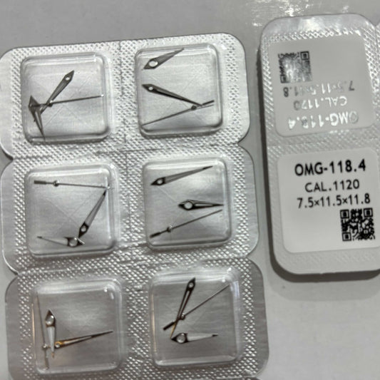 Silver trim green lume watch hands for ETA1120 movement, enhancing readability and style.