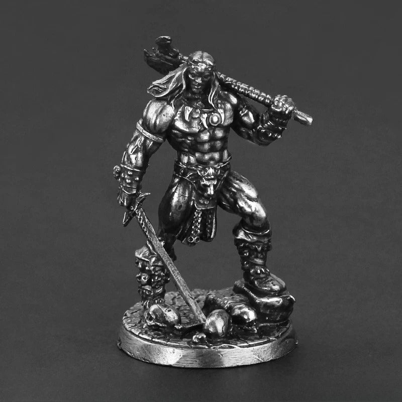 White Brass Figurine Erland Barbarian Miniature - Long-Haired Sword Warrior Skull Base Figure