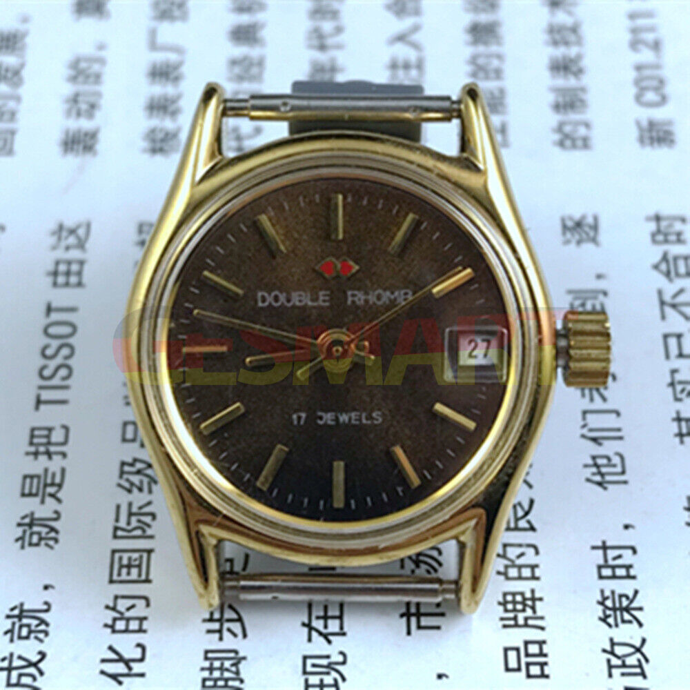 Double Rhomb lady watch with golden coffee dial, manual mechanical movement, and elegant single calendar display by Double Rhomb.