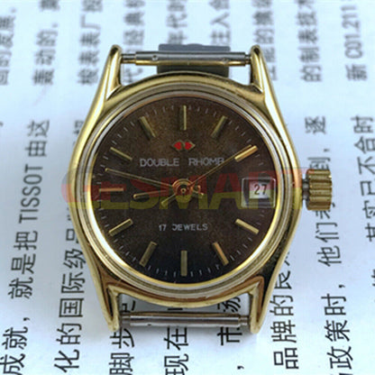 Double Rhomb lady watch with golden coffee dial, manual mechanical movement, and elegant single calendar display by Double Rhomb.